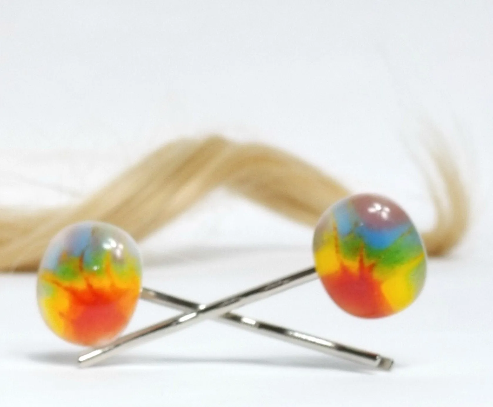 Tie Dye look fused glass adorned Bobby Pins hair accessory, silver and rainbow color