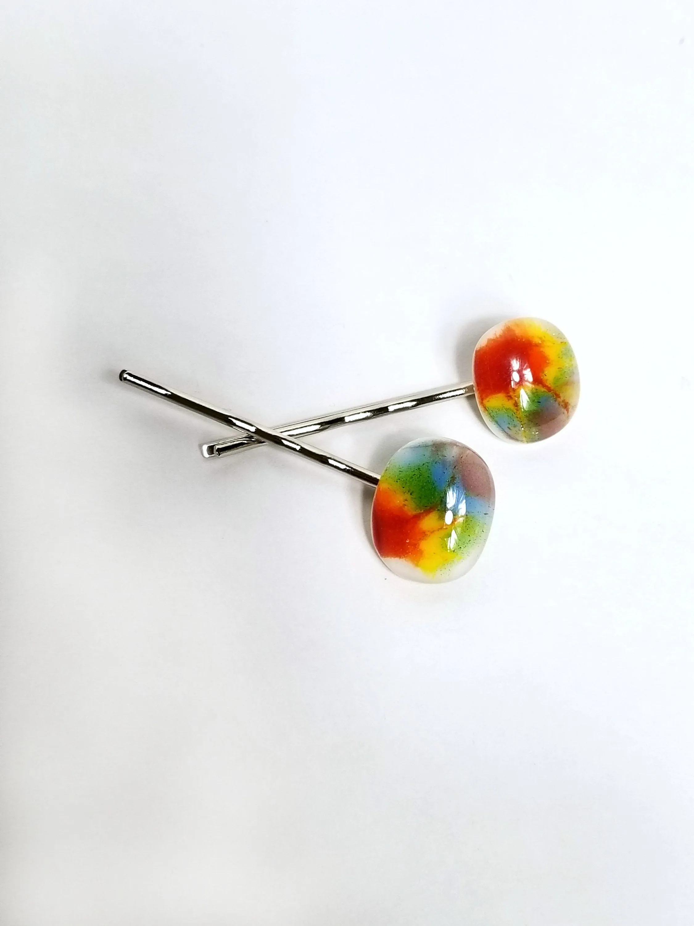 Tie Dye look fused glass adorned Bobby Pins hair accessory, silver and rainbow color