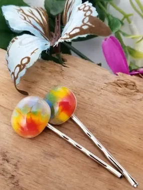 Tie Dye look fused glass adorned Bobby Pins hair accessory, silver and rainbow color