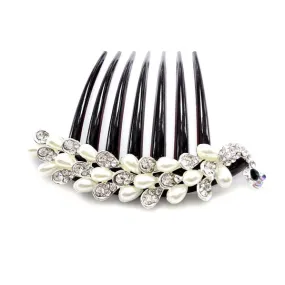 White Pearl & Rhinestone Peacock French Twist Updo Comb