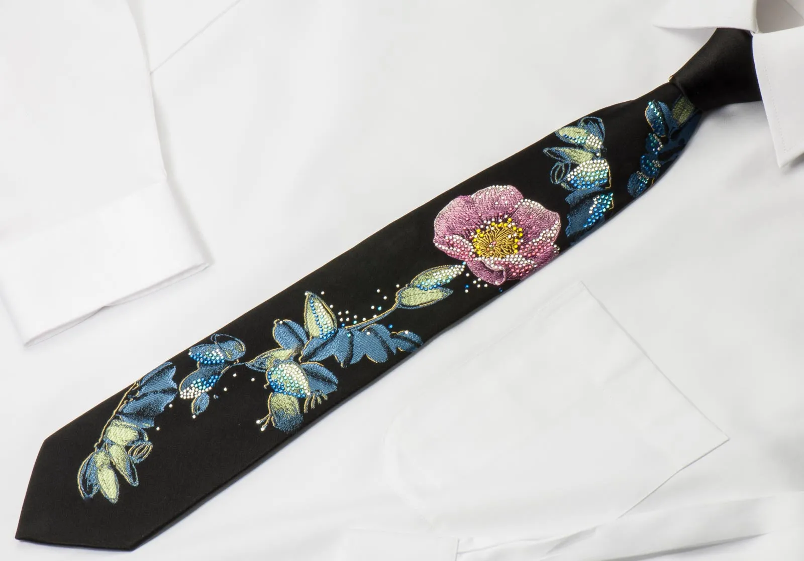 Y J Park Crystal Rhinestone Tie Floral On Black Silk