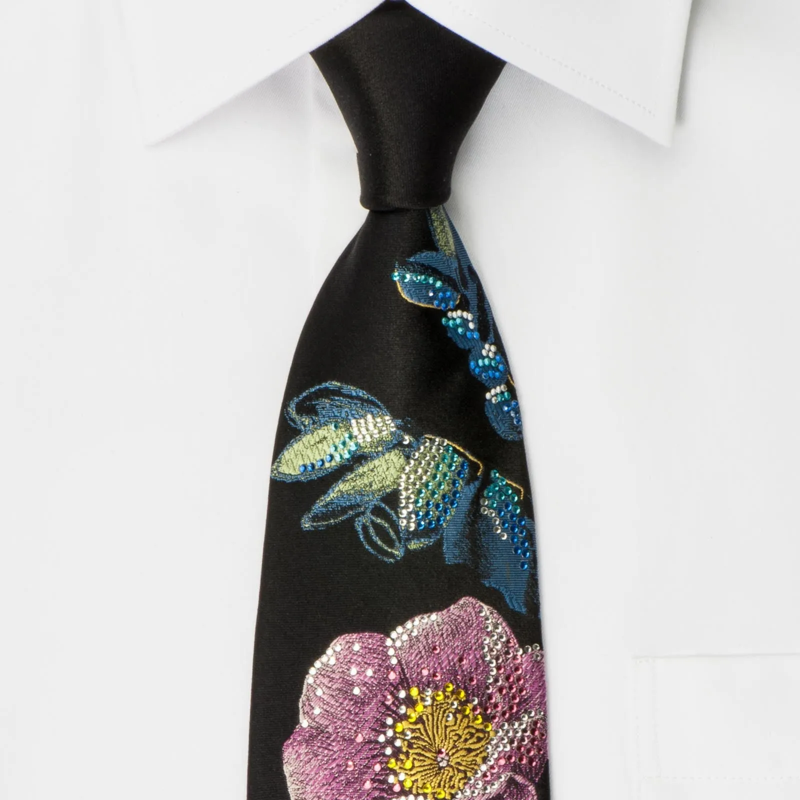 Y J Park Crystal Rhinestone Tie Floral On Black Silk