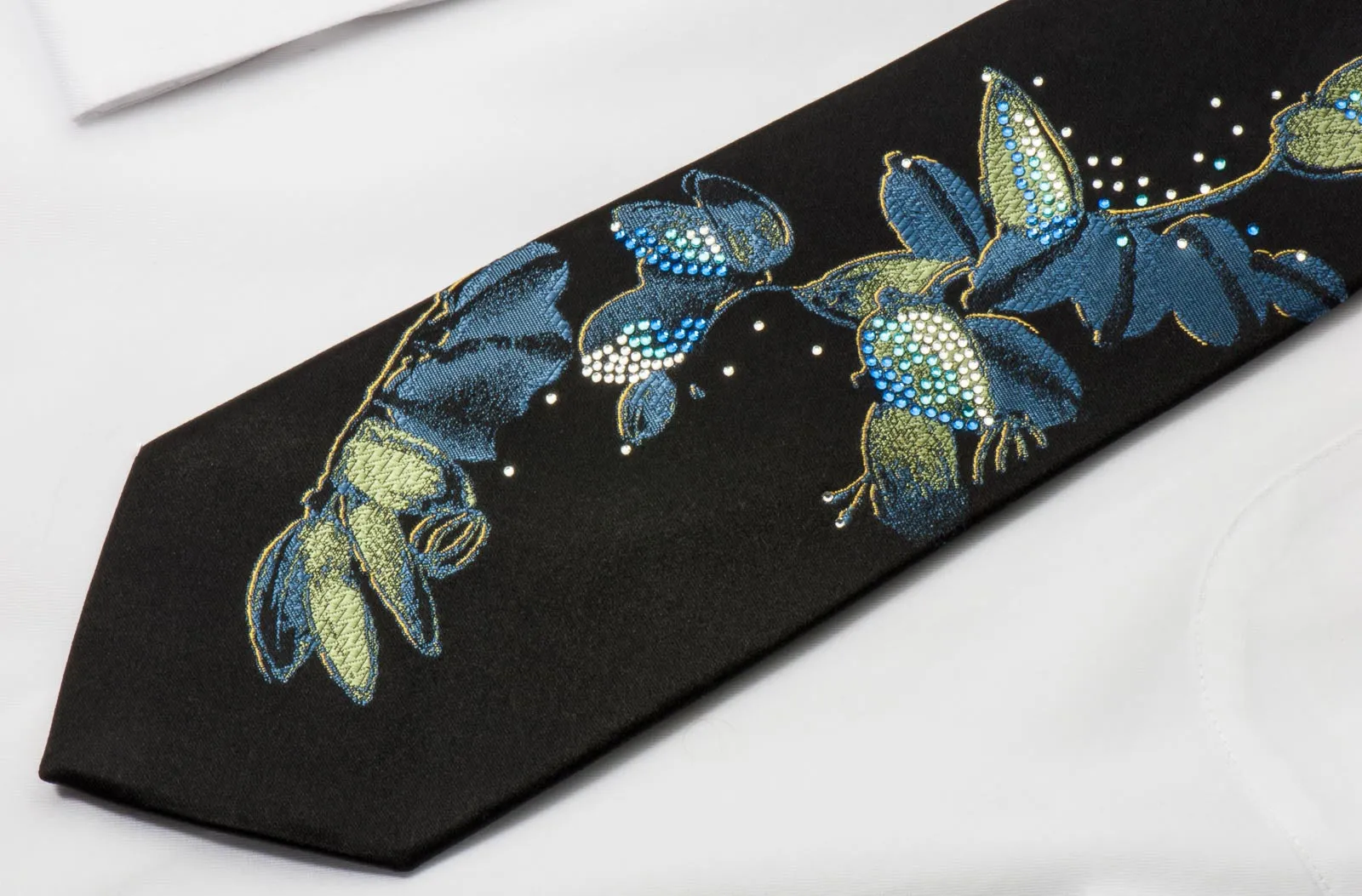 Y J Park Crystal Rhinestone Tie Floral On Black Silk