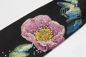 Y J Park Crystal Rhinestone Tie Floral On Black Silk