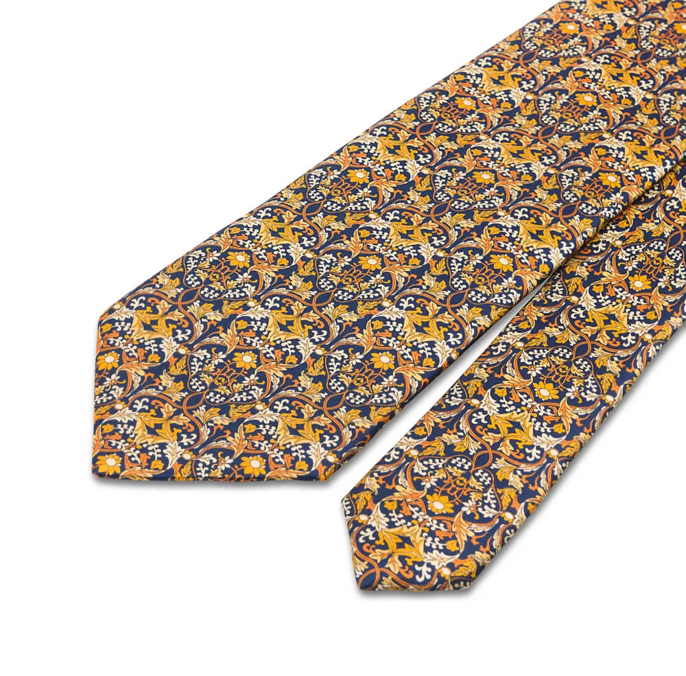 Yellow and Blue Medieval Garden Duchesse Silk Tie