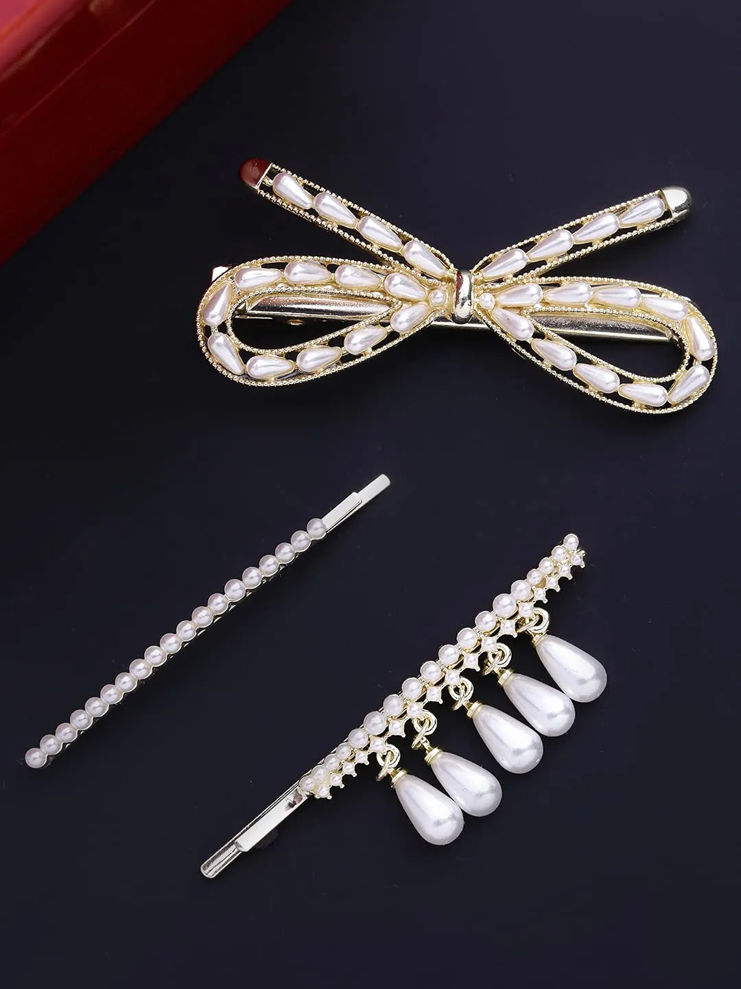 Yellow Chimes 3 pcs Fine Quality Stylish Bow Tie Design Pearl Hair Pin Bobby Pin Hair Clips Fashion Hair Accessories for Women Girls, White, Medium