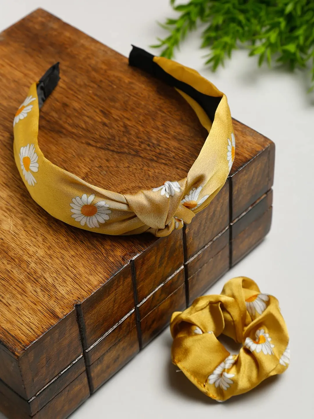 Yellow Chimes Hair Band for Girls Women Hair Accessories for Girls Hairband & Scrunchies Set For Women Floral Printed Yellow Satin Scrunchies Head Bands for Girls Hair Ties Head Band for Girls Gift For Women & Girls